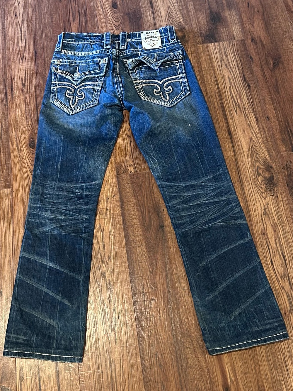 Rock Revival Men's Distressed Blue Straight Jeans with Embroidered Pockets